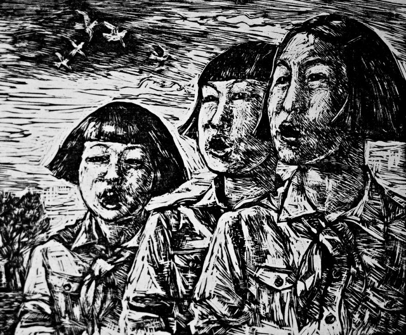 Grafika czarno-biała z wizerunkiem trzech koreańskich dziewczynek, które śpiewają, autorstwa Marii Gabryel-Rużyckiej